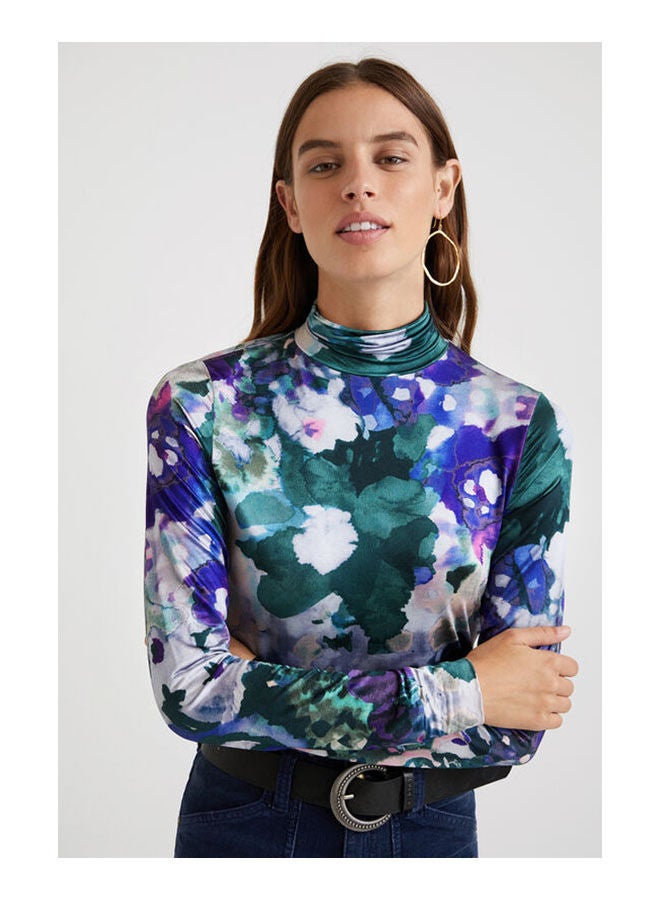 DESIGUAL Casual Floral Long Sleeve High Neck T_Shirt Navy  - Image 1