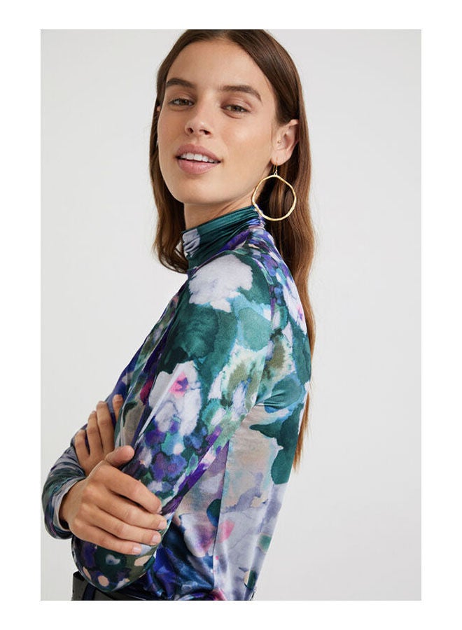 DESIGUAL Casual Floral Long Sleeve High Neck T_Shirt Navy  - Image 5