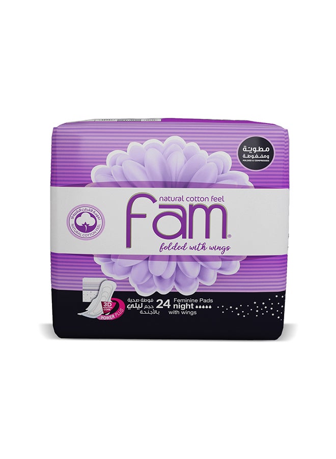 Fam - Folded and Compressed Night Feminine Pads with Wings, 24 Pads - Image 1