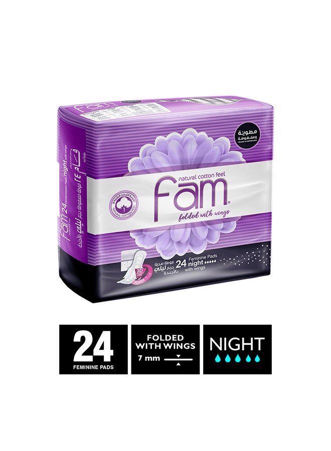 Fam - Folded and Compressed Night Feminine Pads with Wings, 24 Pads - Image 1