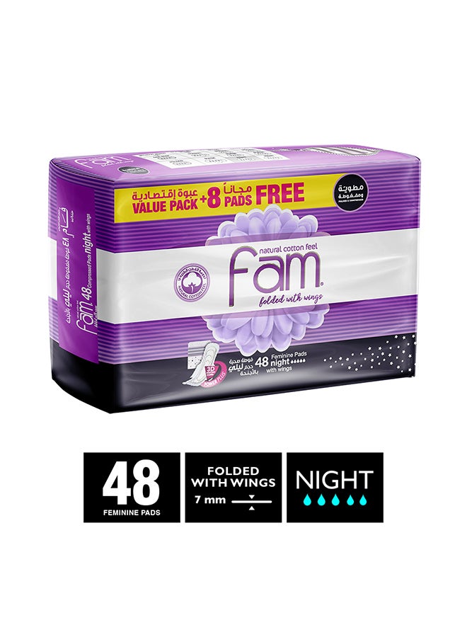 Fam - Sanitary Pads Maxi Folded With Wings Night 48 Pads White 48 Pieces - Image 1