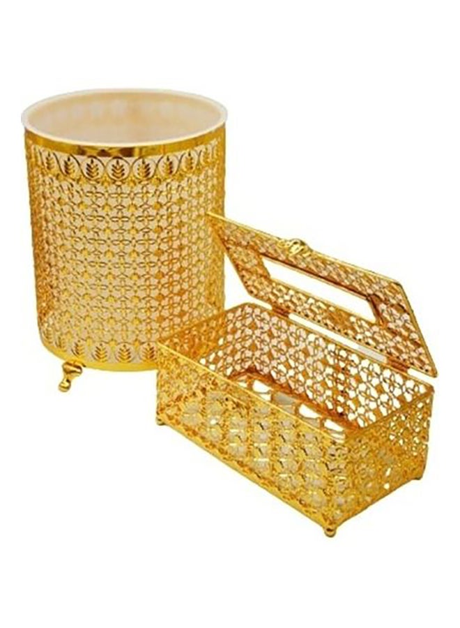 KOLLIEE 2-Piece Dustbin And Tissue Box Holder Set Gold 29x22cm 