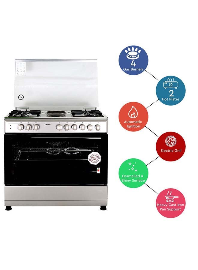 Nobel 90 x 60 Electric & Gas Cooker, 4 Gas Burner, 2 Hot Plate, Electric Grill & Electric Oven, 9 Knob Control, Auto Ignition, Glass Lid, Inner Light, Flame Failure Device Protection,  89.8 x 60.1 x 88 cm, Silver, Made In Turkey NGC9622 Silver  - Image 3