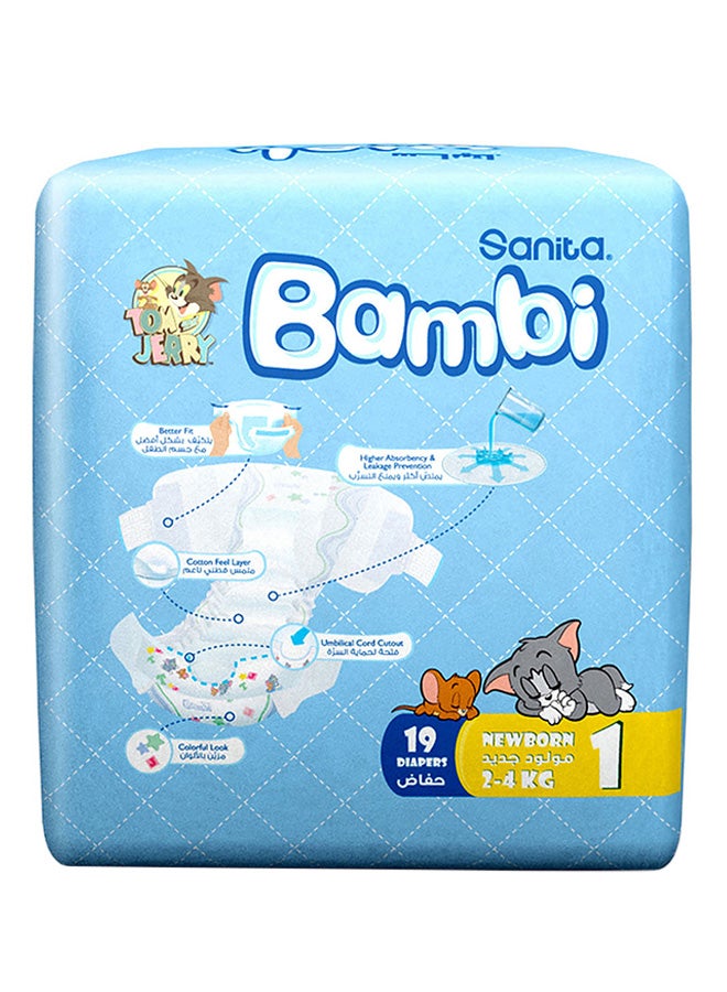 Sanita Bambi - Baby Diapers, Size 1, 2 - 4 Kg, 19 Count Soft Touch Premium Newborn, Regular Pack, Thinner And More Absorbent - Image 1