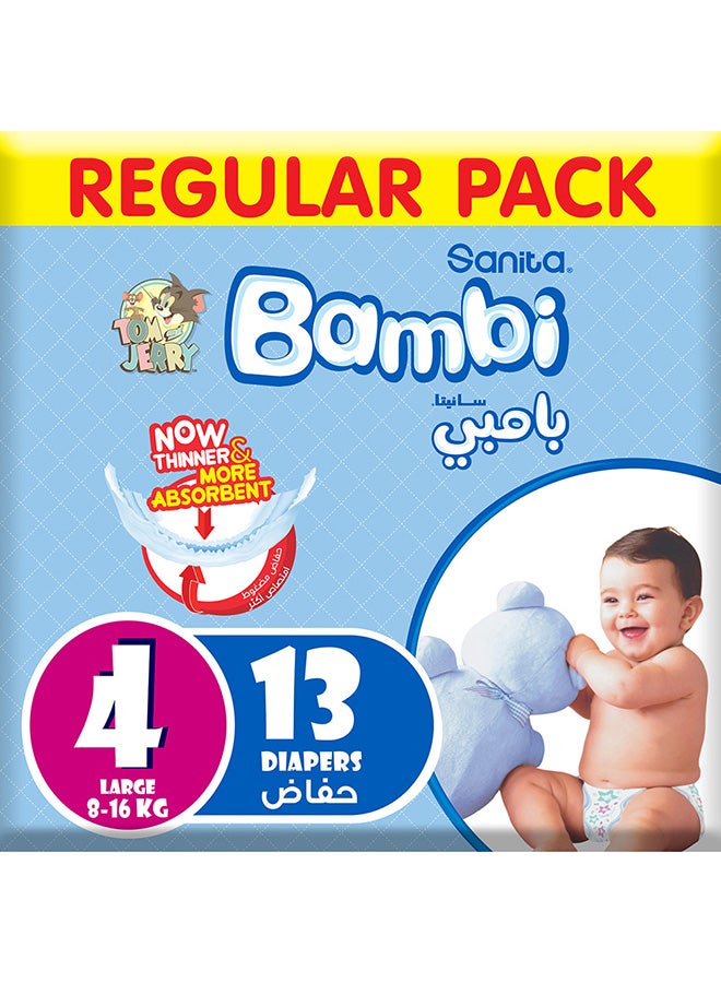 Sanita Bambi - Baby Diapers, Size 4, 8 - 16 Kg, 13 Count - Large, Regular Pack, Now Thinner And More Absorbent - Image 1