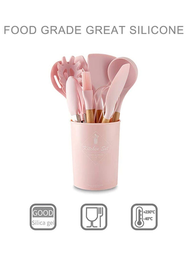 عربست 11-Piece Wooden Handle Barrel Kitchen Utensils Set Pink/Brown  - Image 2