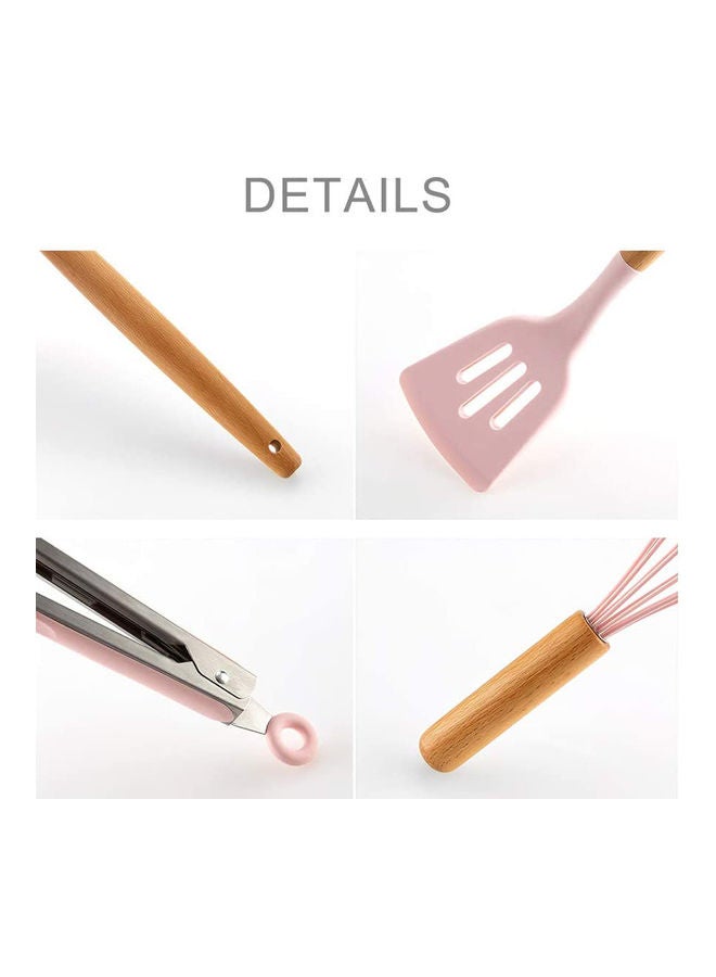 عربست 11-Piece Wooden Handle Barrel Kitchen Utensils Set Pink/Brown  - Image 3