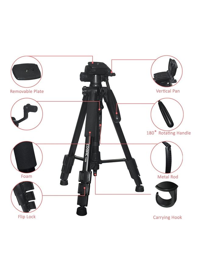 Coopic T666 Lightweight Tripod 140Cm/55Inch Aluminum Camera Tripod, 3 Way Swivel Pan Head Black - Image 2