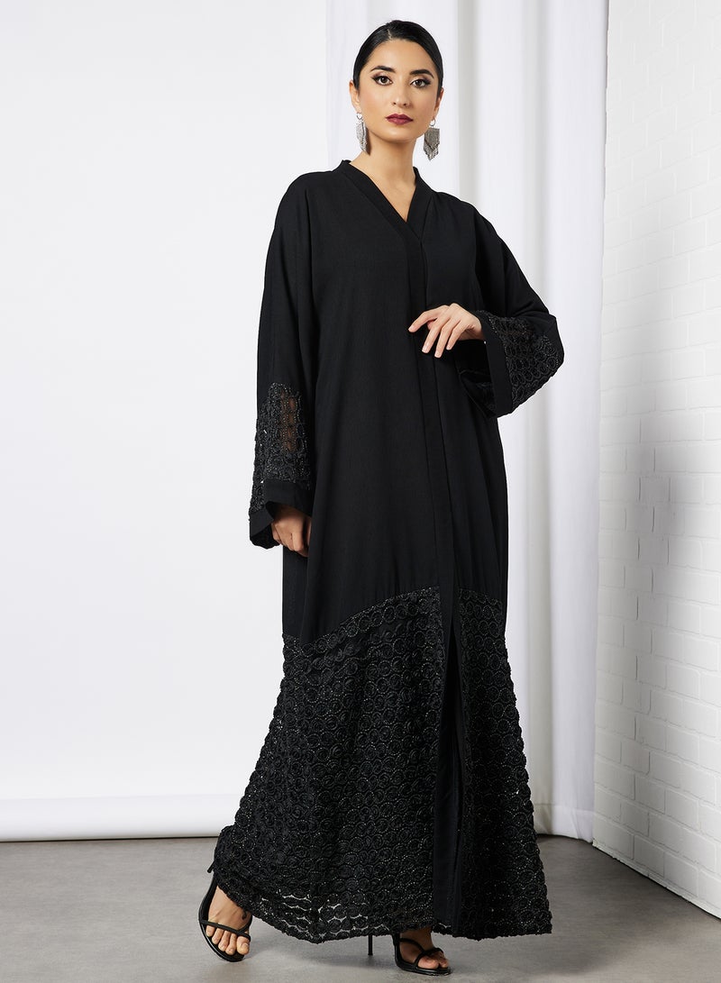 Bousni - Floral Embossed Abaya Black - Image 1