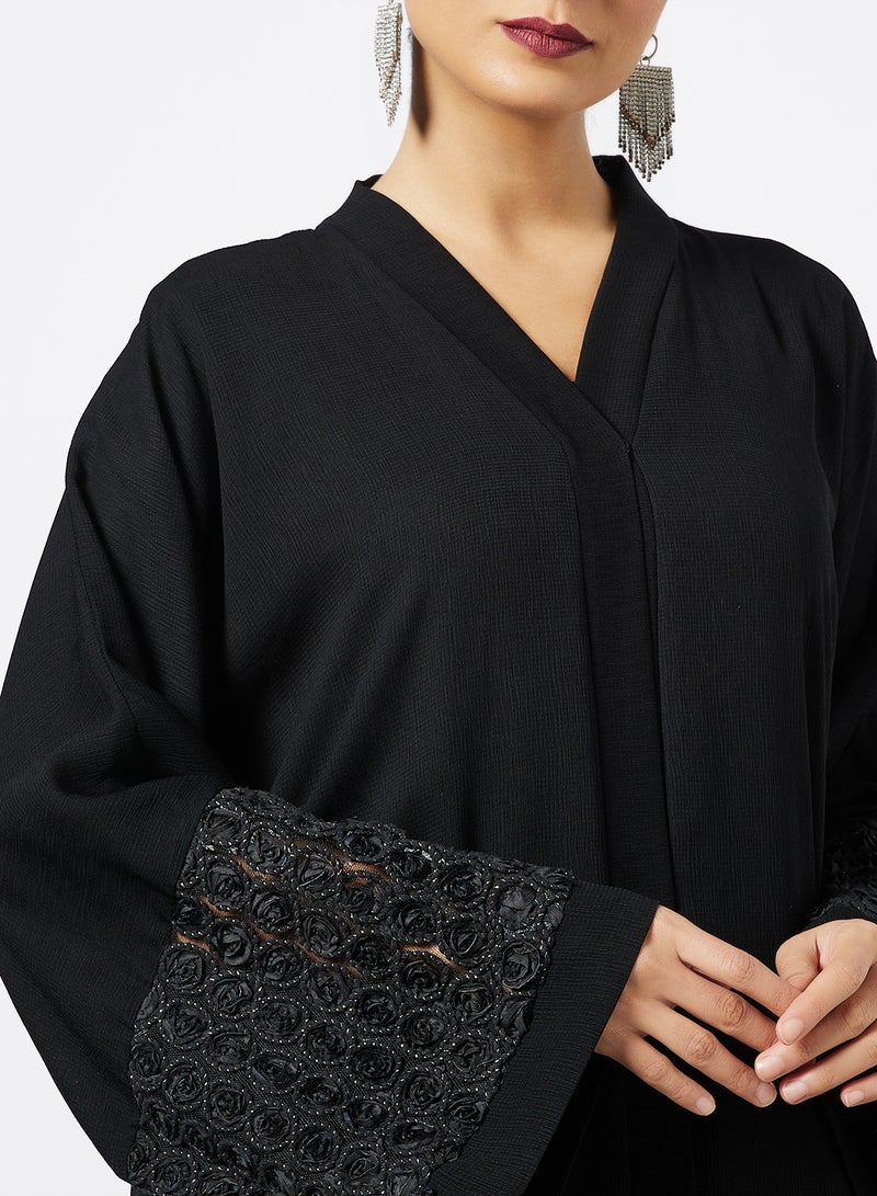 Bousni - Floral Embossed Abaya Black - Image 1