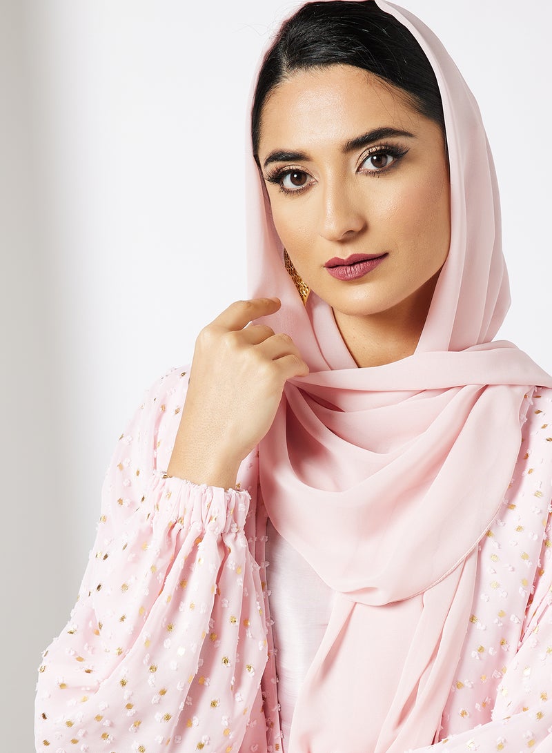 بوسني عباية مع فستان داخلي مزينة بنقوش بارزة وَردي. - Image 3