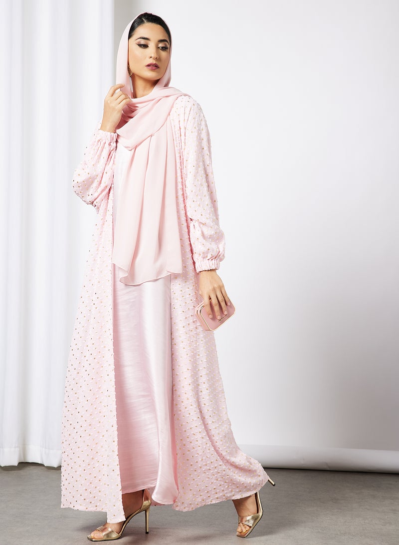 بوسني عباية مع فستان داخلي مزينة بنقوش بارزة وَردي. - Image 4