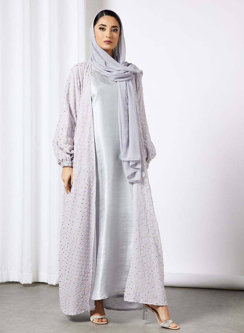 Bousni Embossed Print Bisht Abaya With Inner Grey - Image 4