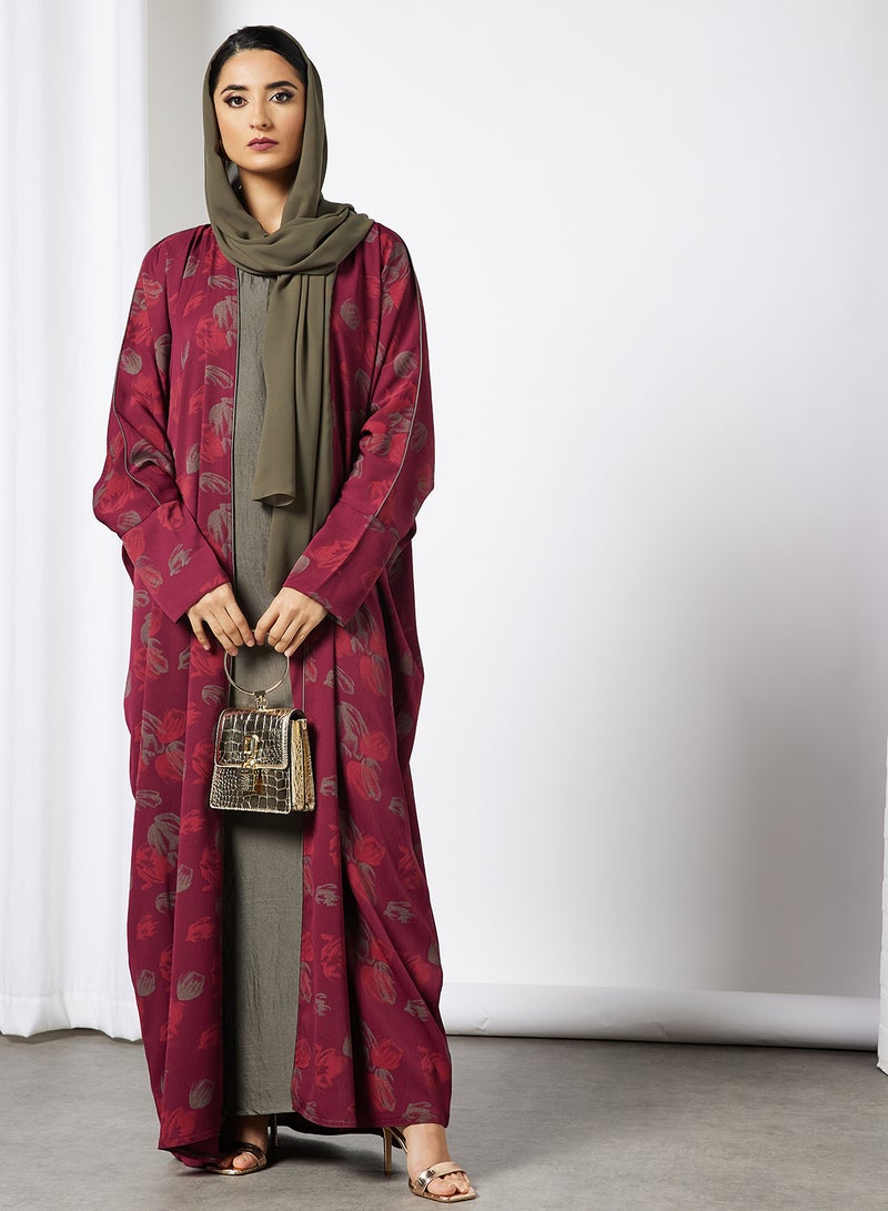 Bousni - Self Print Abaya With Inner Maroon - Image 1