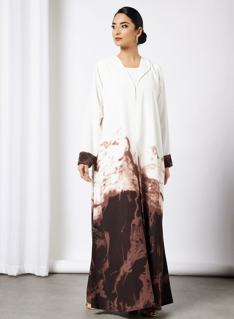 Bousni Tie And Dye Collared Bisht Abaya With Inner White/Brown  - Image 1