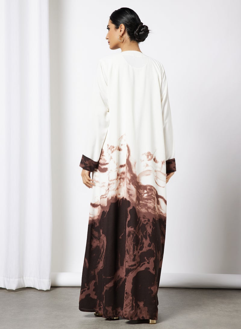 Bousni Tie And Dye Collared Bisht Abaya With Inner White/Brown  - Image 2