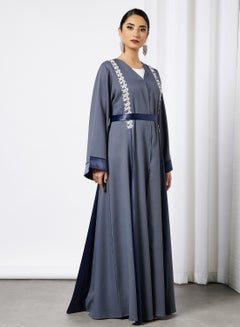 Lace Detail Belted Abaya Grey