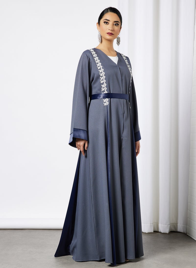 SIVVI for HANIYA - Lace Detail Belted Abaya Grey - Image 1