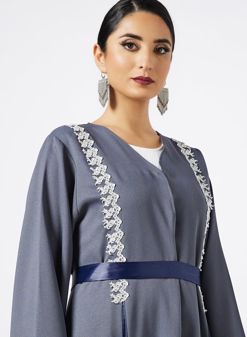 SIVVI for HANIYA - Lace Detail Belted Abaya Grey - Image 1