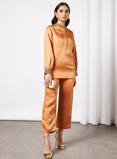 Embellished Blouse and Pant Set Rust