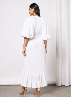Threadz by Ajooni Embroidered Puff Sleeve Dress Off White  - Image 3