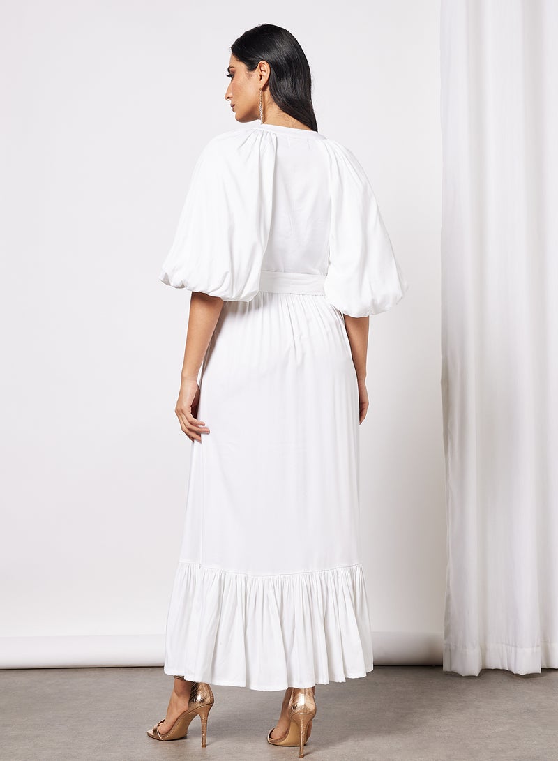 Threadz by Ajooni Embroidered Puff Sleeve Dress Off White  - Image 3