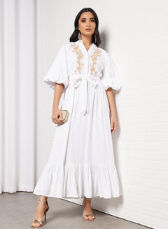 Threadz by Ajooni Embroidered Puff Sleeve Dress Off White  - Image 4