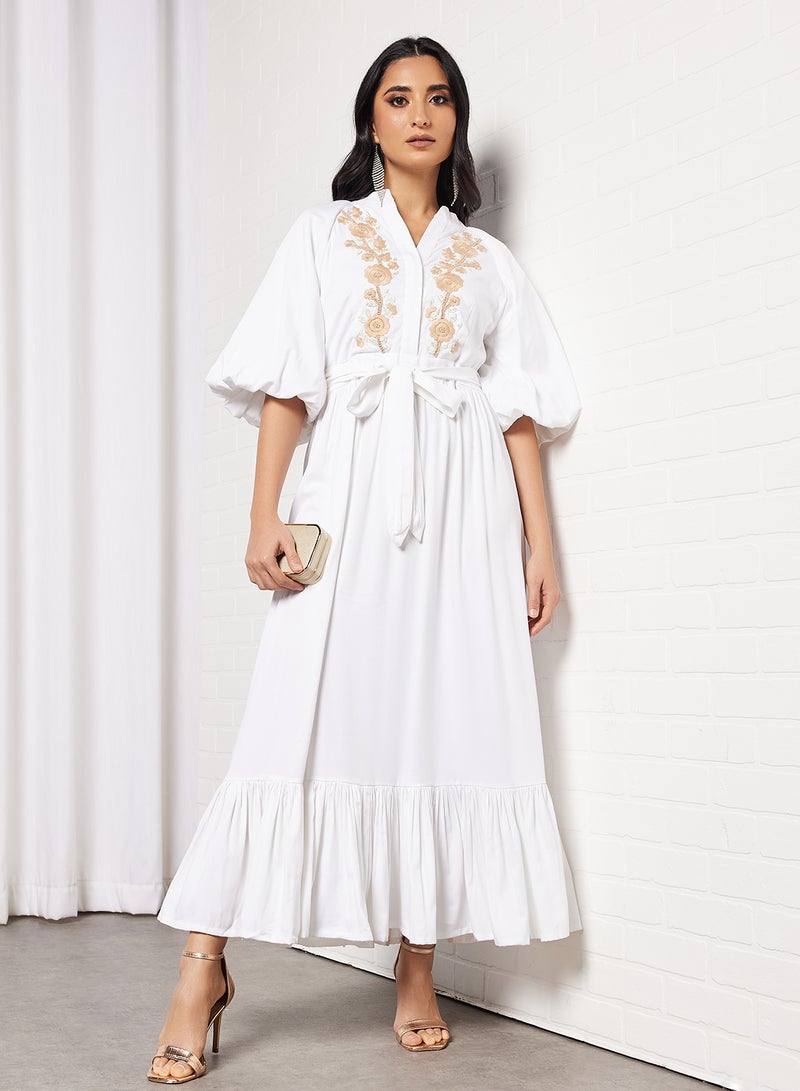 Threadz by Ajooni Embroidered Puff Sleeve Dress Off White  - Image 4