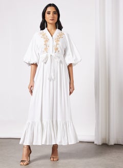 Threadz by Ajooni Embroidered Puff Sleeve Dress Off White  - Image 1