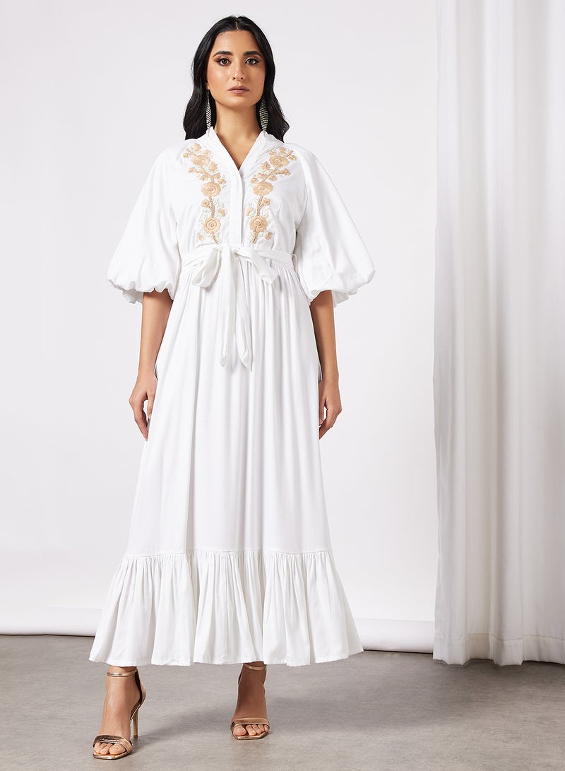Threadz by Ajooni Embroidered Puff Sleeve Dress Off White  - Image 1