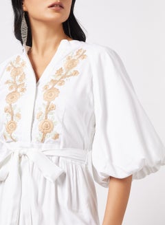 Threadz by Ajooni Embroidered Puff Sleeve Dress Off White  - Image 2