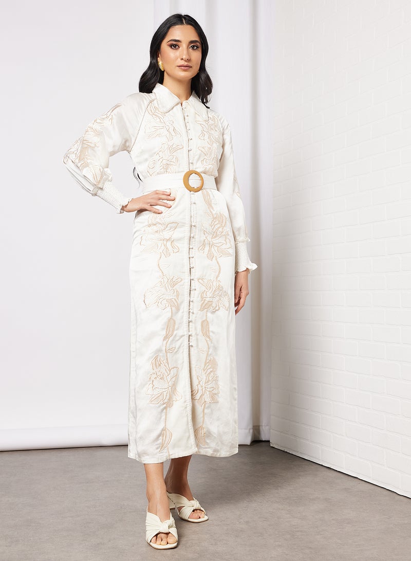 Threadz by Ajooni Panel Embroidered Shirt Dress Off White  - Image 1