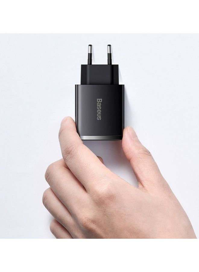 Baseus - iPhone Charger 30W USB C PD Fast Charger, 1 Port Type-C and Dual Port QC3.0 Quick Wall Adapter EU Plug, for iPhone15/15 Pro Max/15 Pro/15 Plus/14/13/12/11, Galaxy, Pixel 4/3, iPad Pro, AirPods Pro, and More Black Black - Image 1