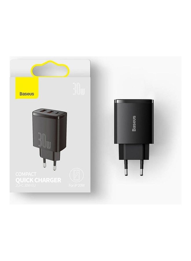Baseus - iPhone Charger 30W USB C PD Fast Charger, 1 Port Type-C and Dual Port QC3.0 Quick Wall Adapter EU Plug, for iPhone15/15 Pro Max/15 Pro/15 Plus/14/13/12/11, Galaxy, Pixel 4/3, iPad Pro, AirPods Pro, and More Black Black - Image 1