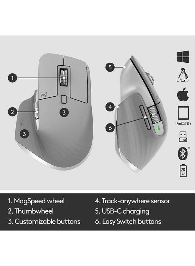 Logitech - MX Master 3 Advanced Wireless Mouse, Bluetooth or 2.4GHz USB Receiver, Ultrafast Scrolling, 4000 DPI Any Surface Tracking, Ergonomic, 7 Button, Rechargeable, PC/Mac/Laptop/iPadOS Mid Grey - Image 1