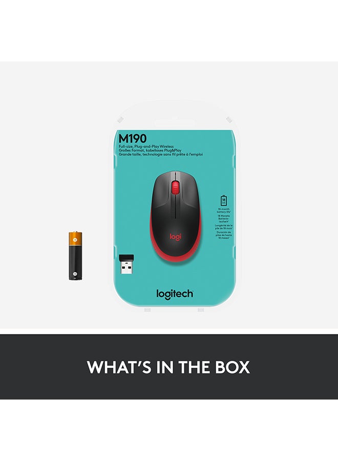 Logitech - Wireless Mouse M190, Full Size Ambidextrous Curve Design, 18-Month Battery With Power Saving Mode, USB Receiver, Precise Cursor Control Red - Image 1