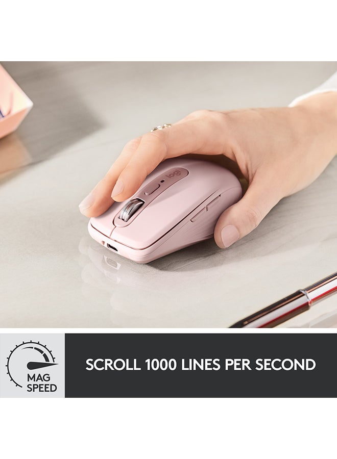 MX Anywhere 3 Compact Performance Mouse – Wireless, Magnetic Scrolling, Ergonomic, 4000DPI Sensor, Custom Buttons, USB-C, Bluetooth, Windows PC, Linux, Chrome Rose