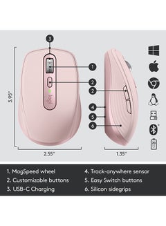 ماوس إم إكس إني وير 3 بحجم صغير وأداء عالي- ماوس لاسلكي بعجلة تمرير مغناطيسية وتصميم مريح مع مستشعر 4000 DPI وأزرار مخصصة ومنفذ USB-C وبتقنية البلوتوث لجهاز الكمبيوتر بنظام ويندوز ولينوكس وكروم روز - v1641551605/N42307295A_7