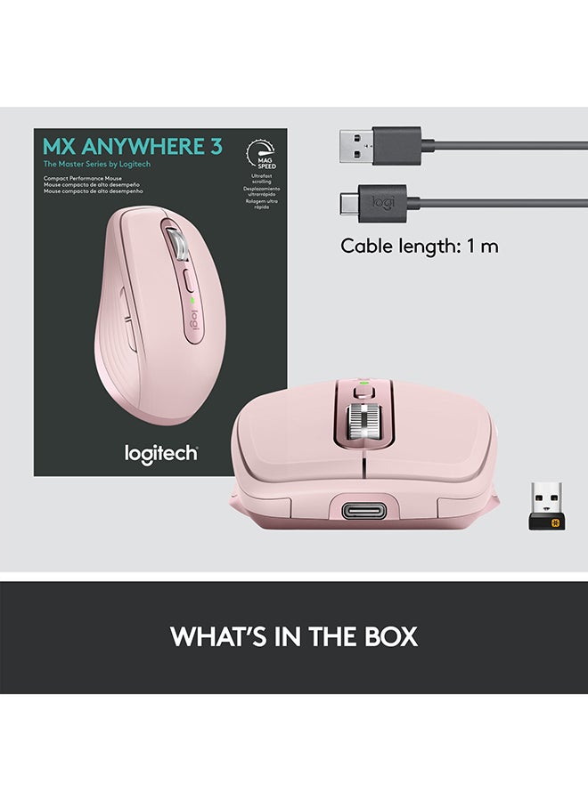 MX Anywhere 3 Compact Performance Mouse – Wireless, Magnetic Scrolling, Ergonomic, 4000DPI Sensor, Custom Buttons, USB-C, Bluetooth, Windows PC, Linux, Chrome Rose