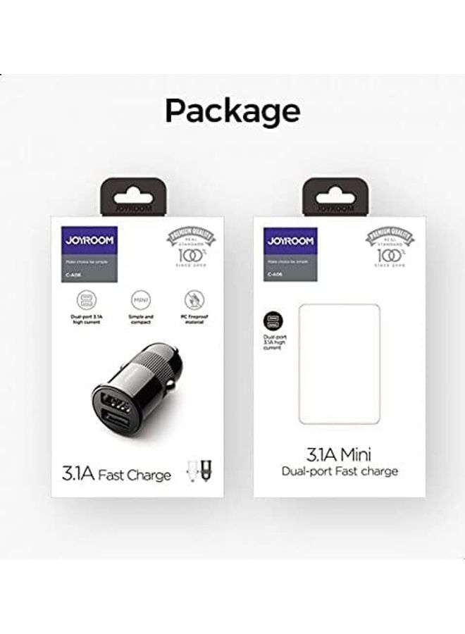 JOYROOM 3.1A Mini Dual-Port Fast Car Charger With Lightning Usb Cable Black  - Image 3