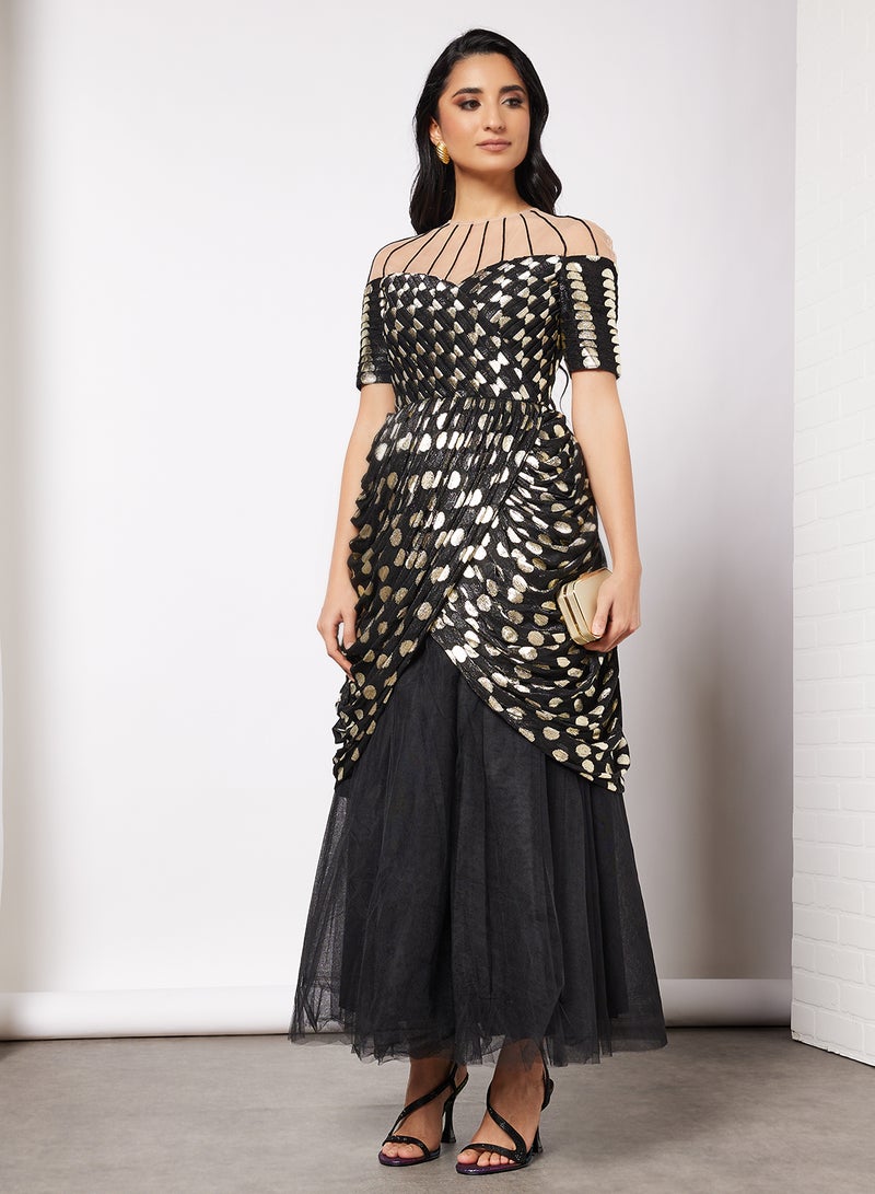 Threadz by Ajooni - Polka Print Overlap Mesh Dress Black - Image 1
