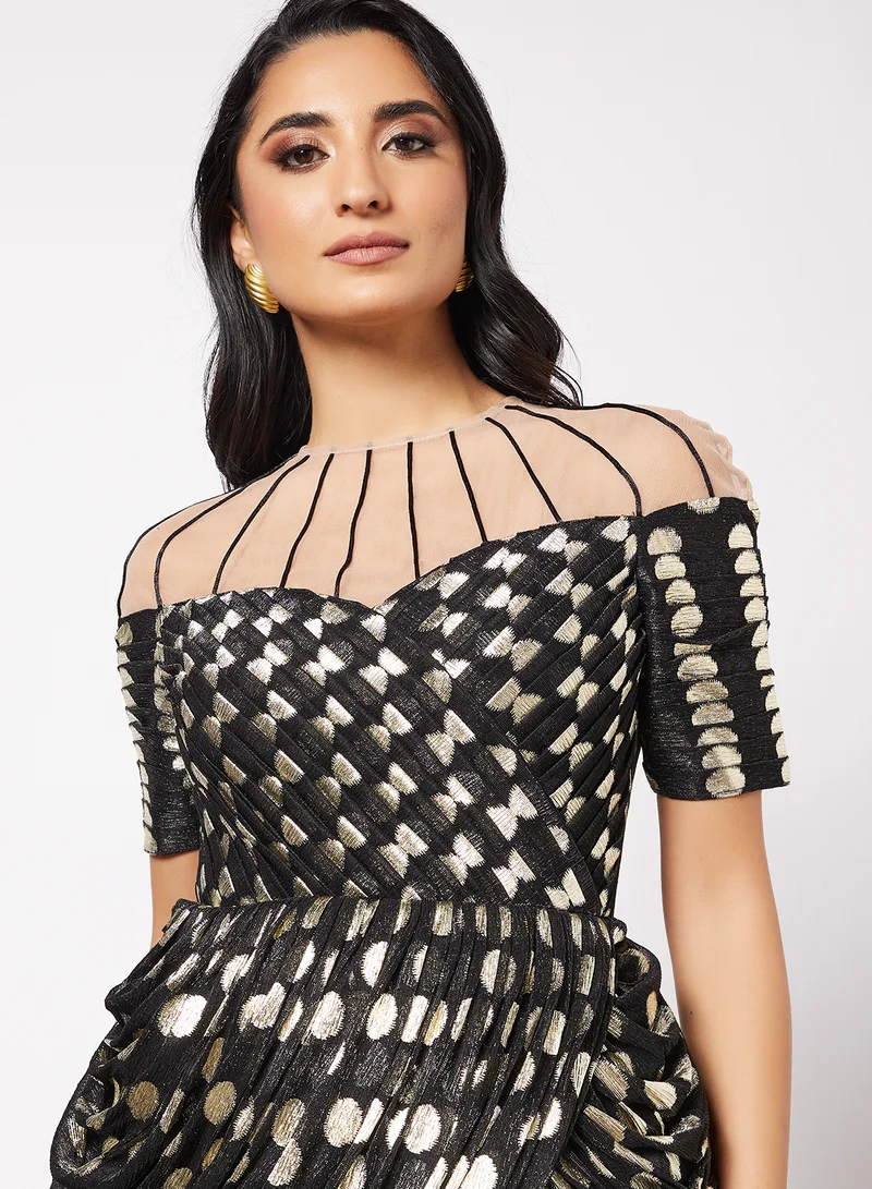 Threadz by Ajooni Polka Print Overlap Mesh Dress Black