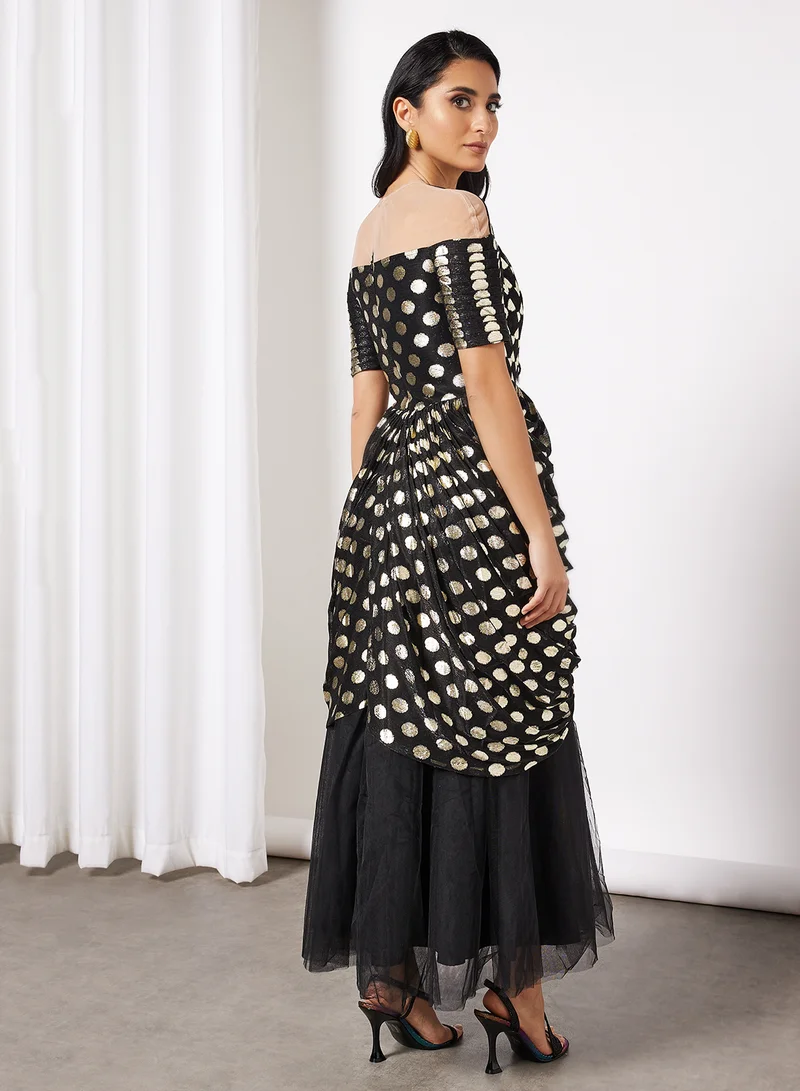 Threadz by Ajooni Polka Print Overlap Mesh Dress Black