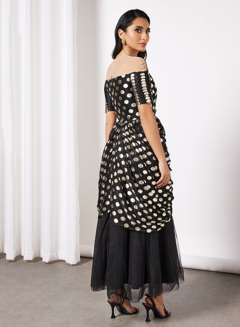 Threadz by Ajooni - Polka Print Overlap Mesh Dress Black - Image 1