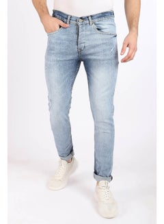 Slim Fit Cotton Jeans With Scratches Blue