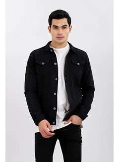 WHITE RABBIT Casual Plain Basic Long Sleeve Round Neck Denim Jacket Black  - Image 1