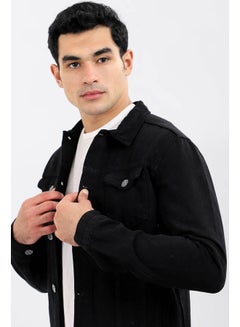 WHITE RABBIT Casual Plain Basic Long Sleeve Round Neck Denim Jacket Black  - Image 3