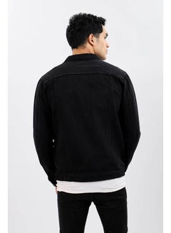 WHITE RABBIT Casual Plain Basic Long Sleeve Round Neck Denim Jacket Black  - Image 4