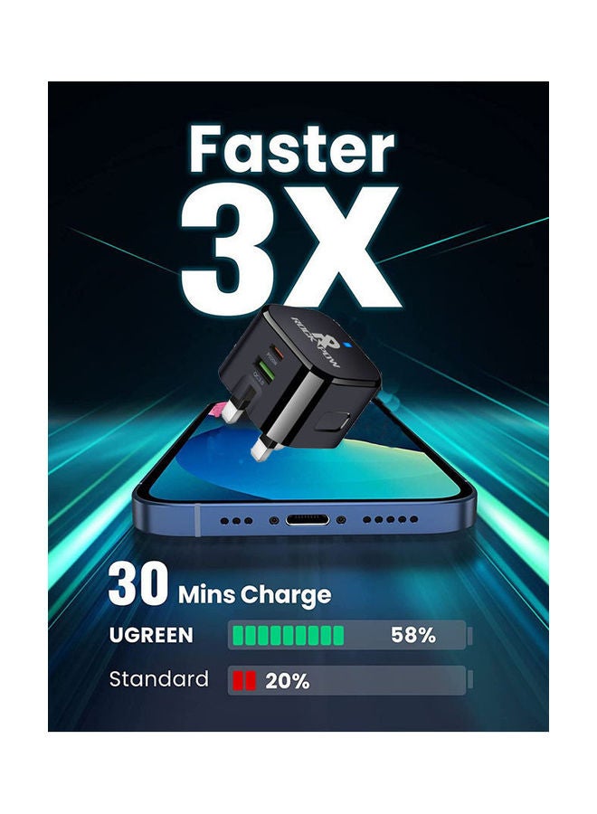 Rock Pow 20W UK Type C Fast Charger Adapter with Lightning Cable Black  - Image 2