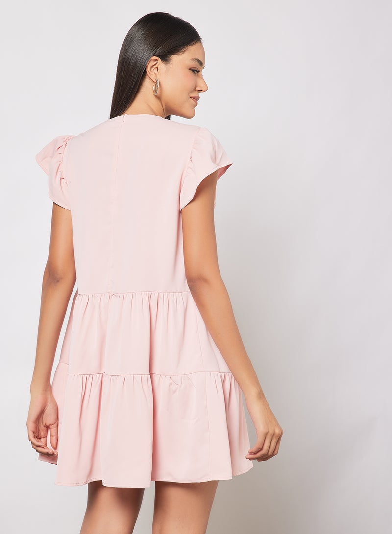 Aila - Casual Ruffle Sleeve Basic Mini Dress With Round Neck Pink - Image 1